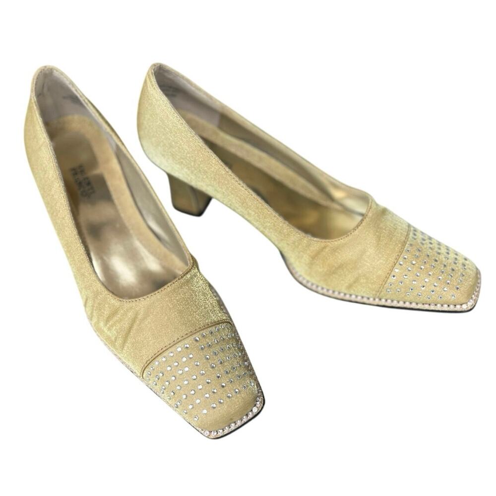 NWOT Valenti Franco Square Toe Rhinstone Gold Metallic Pumps Heels Sz 8M